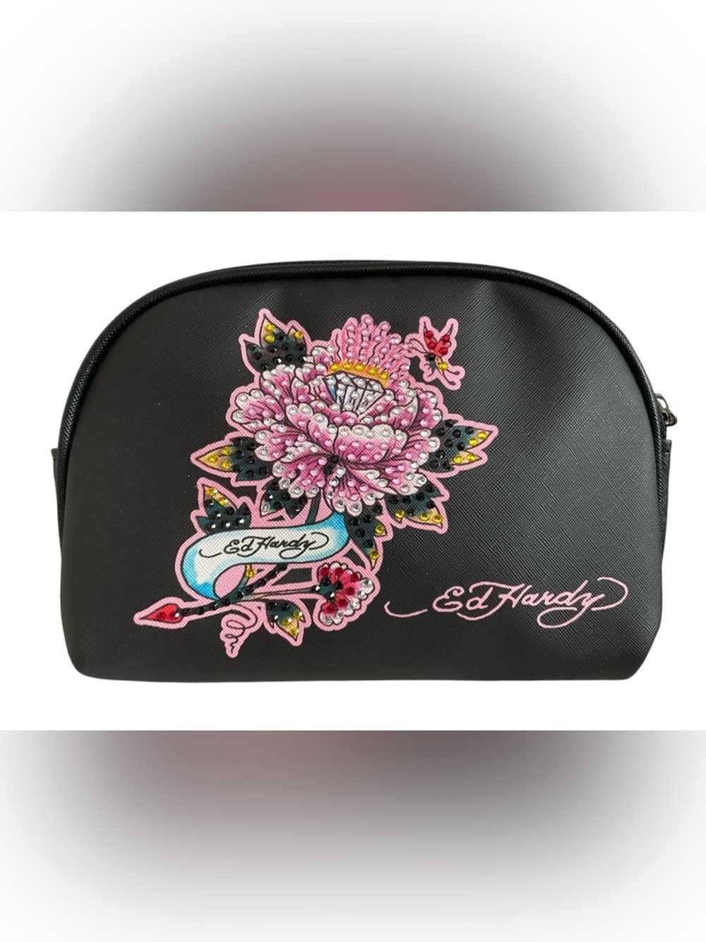 NWOT Ed Hardy Rhinestone Pink Tattoo Flower Makeup Bag Cosmetic Pouch